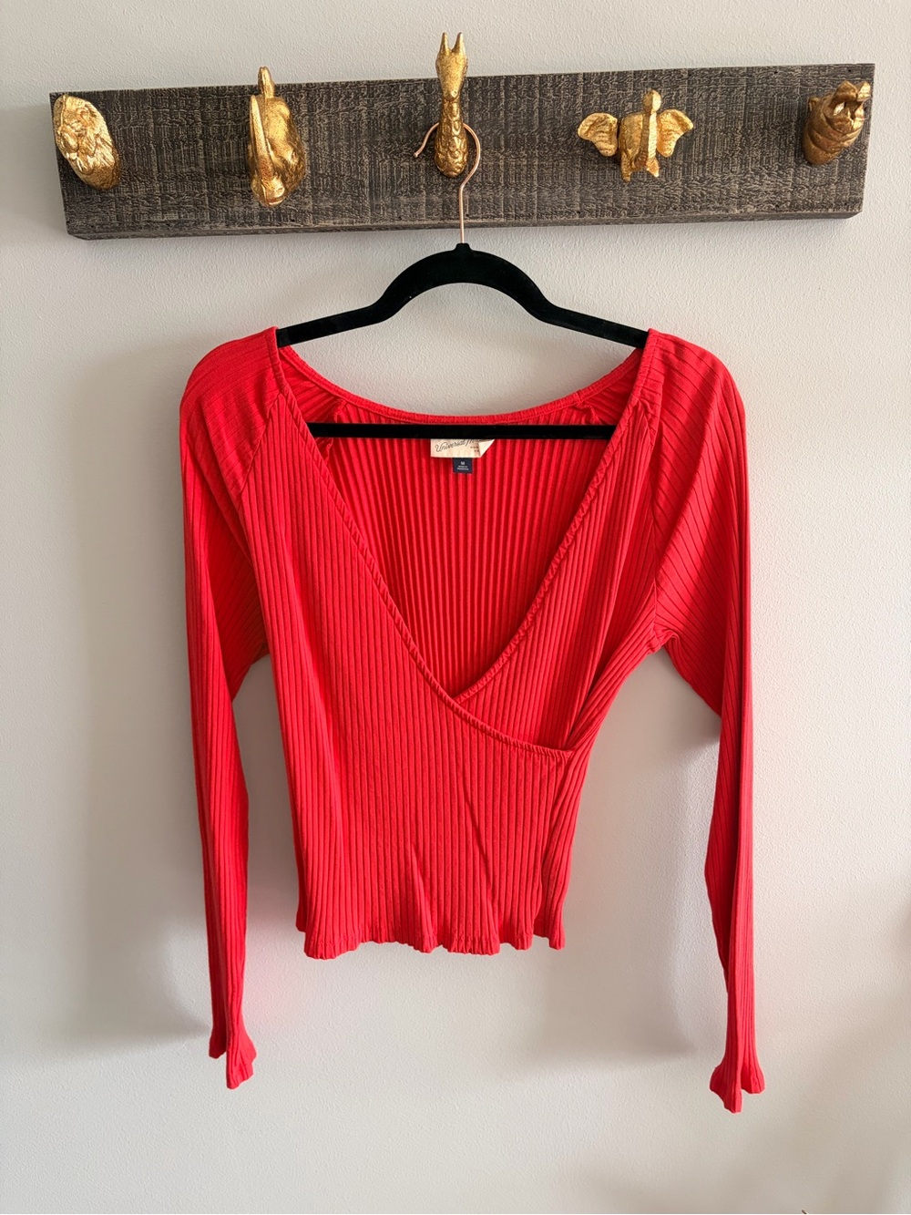 Universal Thread Bright Red Ribbed Wrap-Front Long Sleeve Top